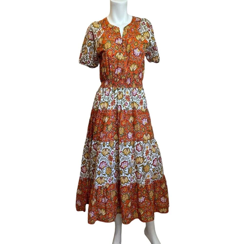 dRA Mumuie Floral Block Print Tiered Cotton Midi Dress Orange S Cottagecore